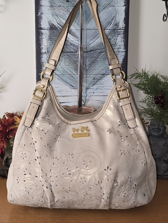 Coach Handbags - Coach Maggie Cream Leather With Gold Shimmer Shoylder Bag, VGUC, Needs Some TLC